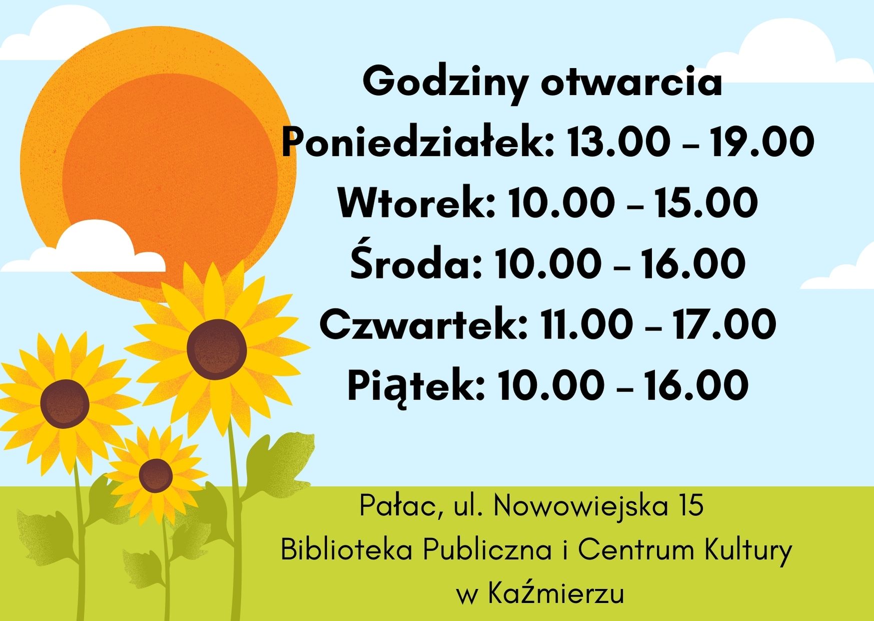 Informacja o godzinach otwarcia biblioteki w Kaźmierzu