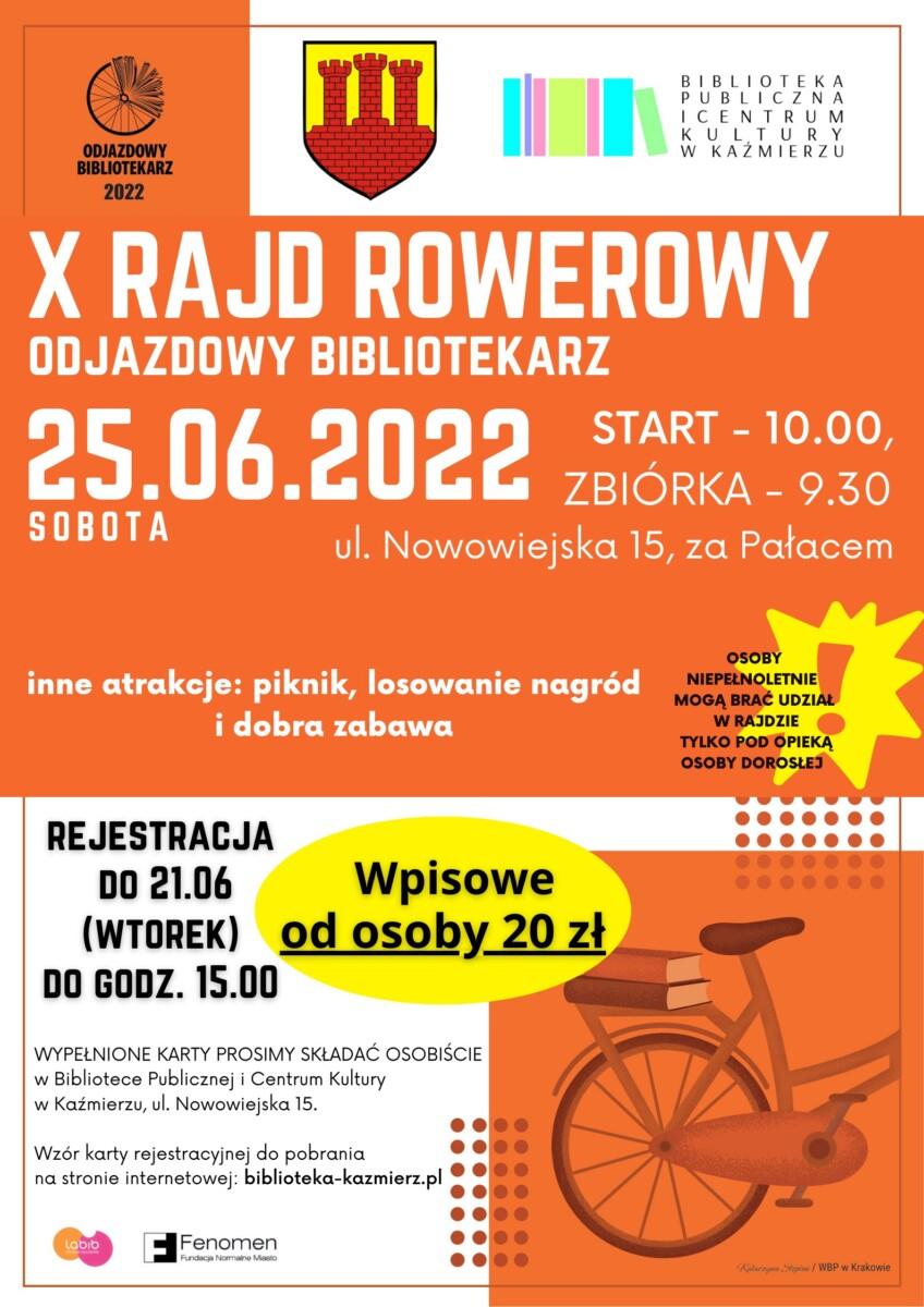 Plakat z informacją o rajdzie rowerowym organizowanym przez bibliotekę 25 czerwca