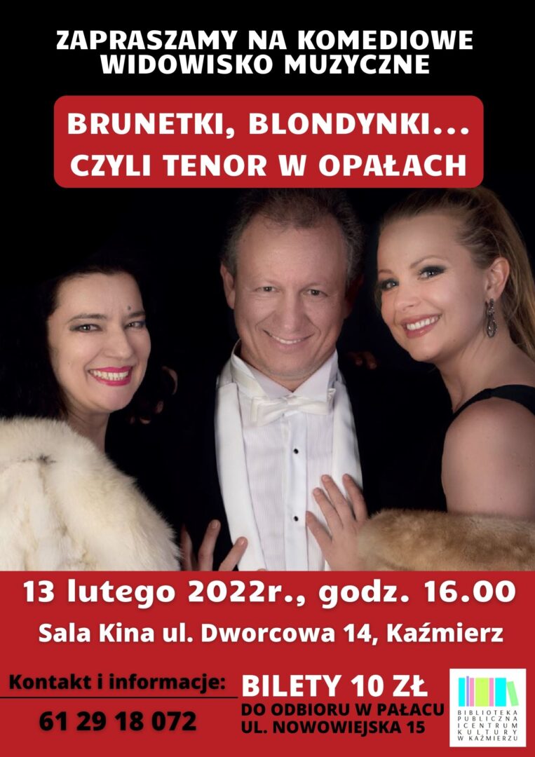 Plakat informacyjny o spektaklu Brunetki, blondynki czyli tenor w opałach