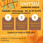 Ćwiczymy pamięć 1 2 3 Rozwiązujemy łamigłówki i zagadki Spędzamy miło czas Kontakt i informacje: tel. 61 29 18 072 zapraszamy do zapisów godzina: 11:30 miejsce: ul. Nowowiejska 15, Kaźmierz Zajęcia w środy w 2025 roku darmowe zajęcia terminy: 15.01., 22.01., 29.01.2025