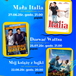 Kino Plenerowe w Parku – Kaźmierz ul. Nowowiejska 15 Wstęp wolny Zapraszamy na letnie wieczory filmowe pod gołym niebem. 27.06.2025 (piątek), godz. 21:00 Mała Italia 2018 ‧ Komedia / Romans ‧ 1 godz. 41 min 25.07.2025 (piątek), godz. 21:00 Dorwać Wattsa 2016 ‧ Akcja / Kryminał ‧ 1 godz. 47 min 22.08.2025 (piątek), godz. 20:00 Mój książę z bajki 2018 ‧ Komedia / Romans ‧ 1 godz. 41 min Organizator zastrzega sobie prawo do zmian oferty. Uwaga! W przypadku niepogody wydarzenie zostanie odwołane.