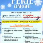 FERIE ZIMOWE 2026 w Bibliotece Publicznej i Centrum Kultury w Kaźmierzu! Zapraszamy dzieci w wieku 7–12 lat na ciekawe warsztaty w godzinach 11:00–14:30. Miejsce: Pałac, ul. Nowowiejska 15, Kaźmierz Koszt: 50 zł za dzień warsztatów Zapisy: w bibliotece lub telefonicznie 61 29 18 072 Oferta dla dzieci z gminy Kaźmierz Harmonogram zajęć: 16.02.2026 (poniedziałek) Projektowanie 3D: wieża, piramida lub kubek Chemia żywności 18.02.2026 (środa) Projektowanie 3D: pająk, ludzik Roblox lub miecz Minecraft Elektryczność i magnetyzm 20.02.2026 (piątek) Projektowanie 3D: bałwanek lub projekt ruchomy Warsztaty recyklingowe 23.02.2026 (poniedziałek) Długopisy 3D: tematyka zimowa Eko woreczki i druk botaniczny 27.02.2026 (piątek) Długopisy 3D: tworzenie komiksu i muzyki przy pomocy AI Warsztaty stolarskie (lampa w kształcie domku) Prowadzą: Ewelina Łakomiec, Anna Tomczak Prosimy o zaopatrzenie dzieci w obuwie zmienne oraz napoje i przekąski we własnym zakresie.
